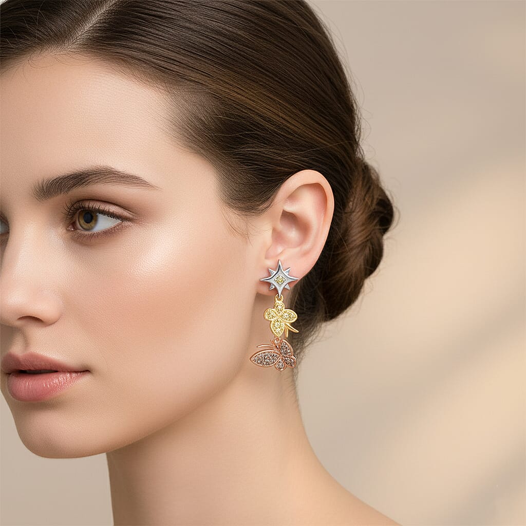 GP - Italian Garden Collection Champagne Diamond (SI-CP), Kanchanaburi Blue Sapphire & Yellow Diamond Earring with Push Back in Tri Colour Plated Sterling Silver 0.31 Ct.