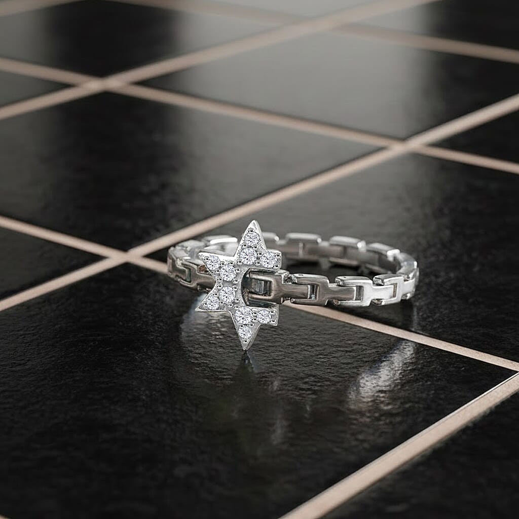 GP Celestial Dream Collection - White Diamond (S-C-P-F1) & Kanchanaburi Blue Sapphire Adjustable Ring (Size Adjustable Belt with Fancy PIN Lock) in Rhodium Overlay Sterling Silver 0.13 Ct.