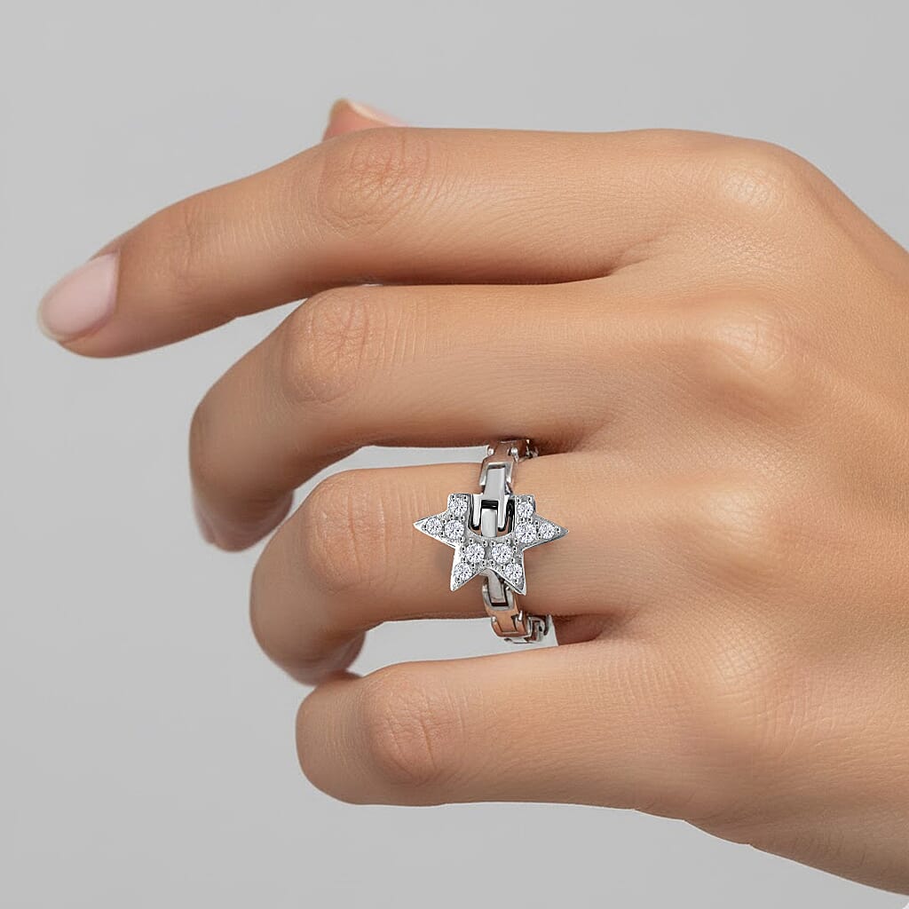 GP Celestial Dream Collection - White Diamond (S-C-P-F1) & Kanchanaburi Blue Sapphire Adjustable Ring (Size Adjustable Belt with Fancy PIN Lock) in Rhodium Overlay Sterling Silver 0.13 Ct.