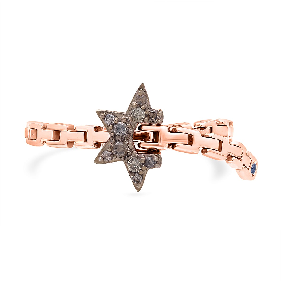 GP Celestial Dream Collection - Champagne Diamond, Kanchanaburi Blue Sapphire Adjustable Ring (Size Adjustable Belt with Fancy PIN Lock) in 18K Vermeil Rose Gold Plated Sterling Silver 0.13 Ct.