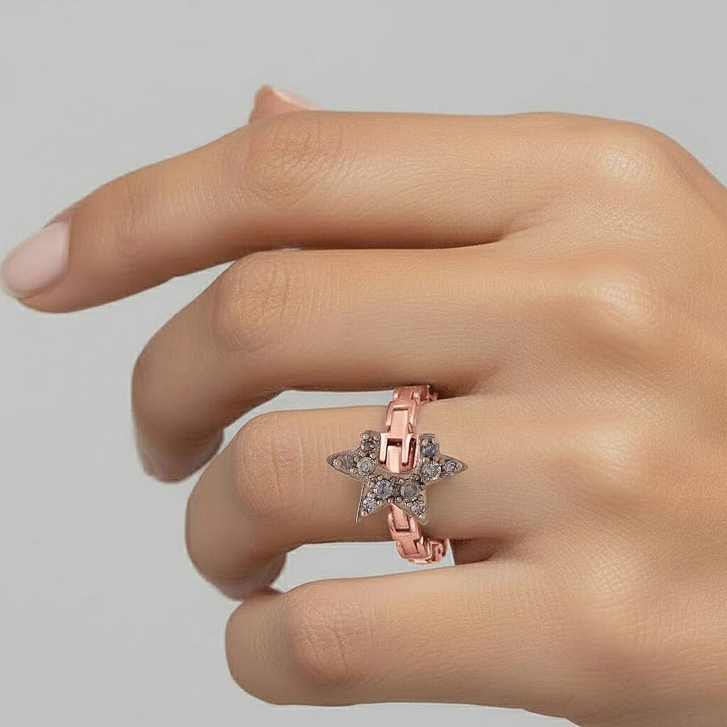 GP Celestial Dream Collection - Champagne Diamond, Kanchanaburi Blue Sapphire Adjustable Ring (Size Adjustable Belt with Fancy PIN Lock) in 18K Vermeil Rose Gold Plated Sterling Silver 0.13 Ct.