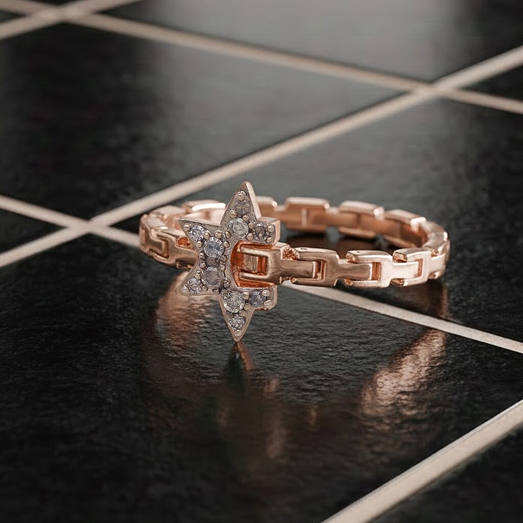 GP Celestial Dream Collection - Champagne Diamond, Kanchanaburi Blue Sapphire Adjustable Ring (Size Adjustable Belt with Fancy PIN Lock) in 18K Vermeil Rose Gold Plated Sterling Silver 0.13 Ct.