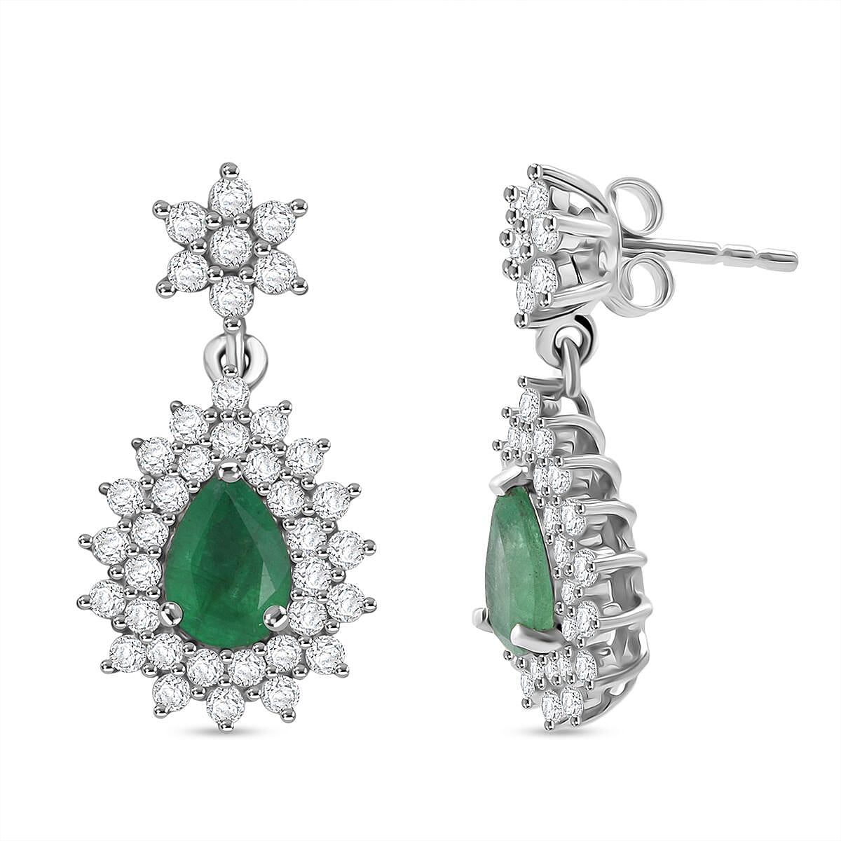 D'Joy Emerald & Moissanite Earring in Rhodium Overlay Sterling Silver 2.33 Ct.