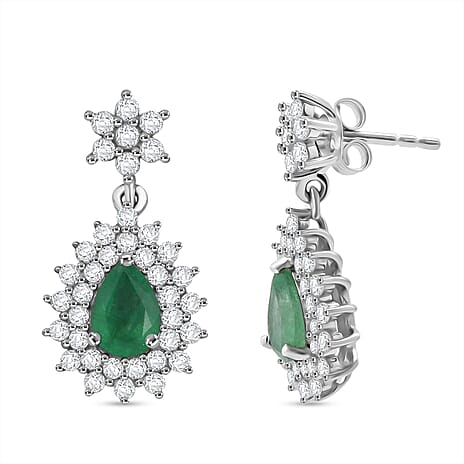 D'Joy Emerald & Moissanite Earring in Rhodium Overlay Sterling Silver 2.33 Ct.