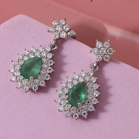 D'Joy Emerald & Moissanite Earring in Rhodium Overlay Sterling Silver 2.33 Ct.