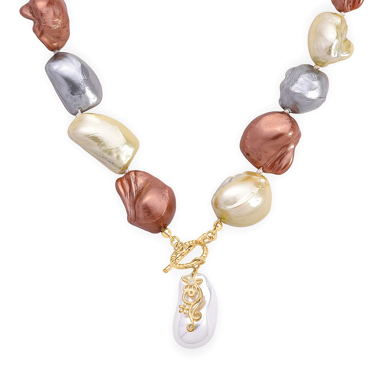 Multi Color Shell Pearl & White Crystal Necklace (Size - 20.5) with T-Bar Clasp in Yellow Gold Tone