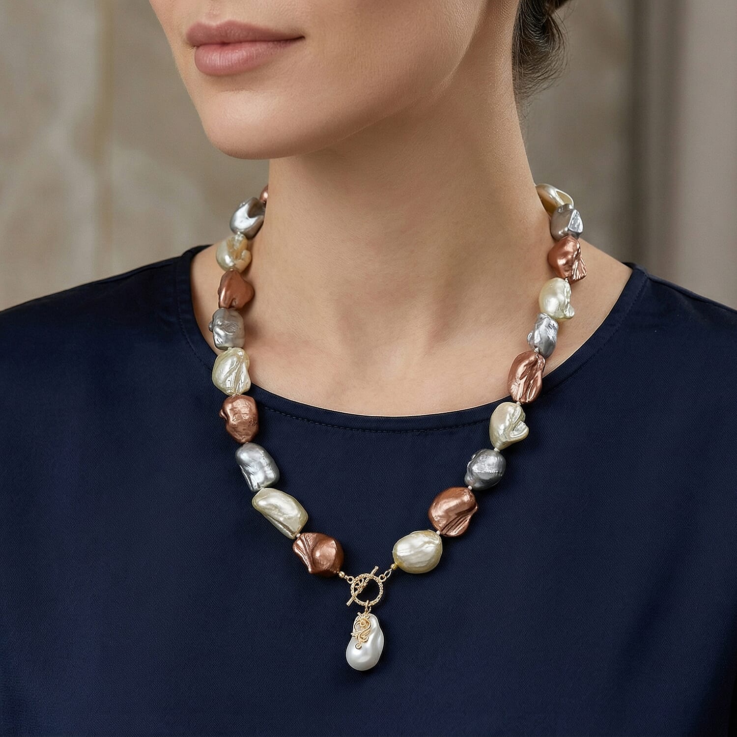 Multi Color Shell Pearl & White Crystal Necklace (Size - 20.5) with T-Bar Clasp in Yellow Gold Tone