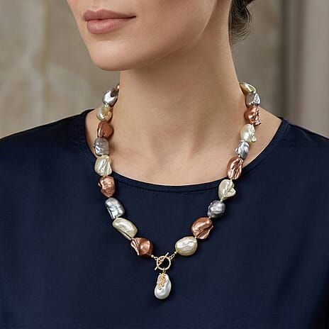 Multi Colour Baroque Mother Of Pearl & White Crystal Necklace (Size - 20.5) with T-Bar Clasp