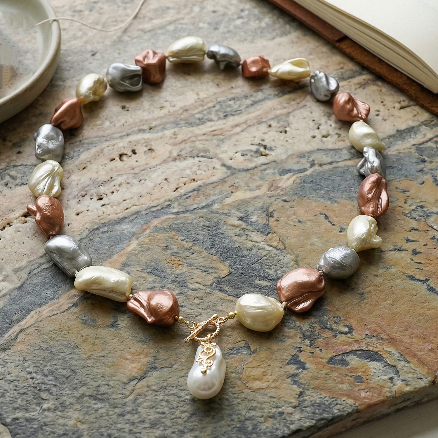 Multi Color Shell Pearl & White Crystal Necklace (Size - 20.5) with T-Bar Clasp in Yellow Gold Tone