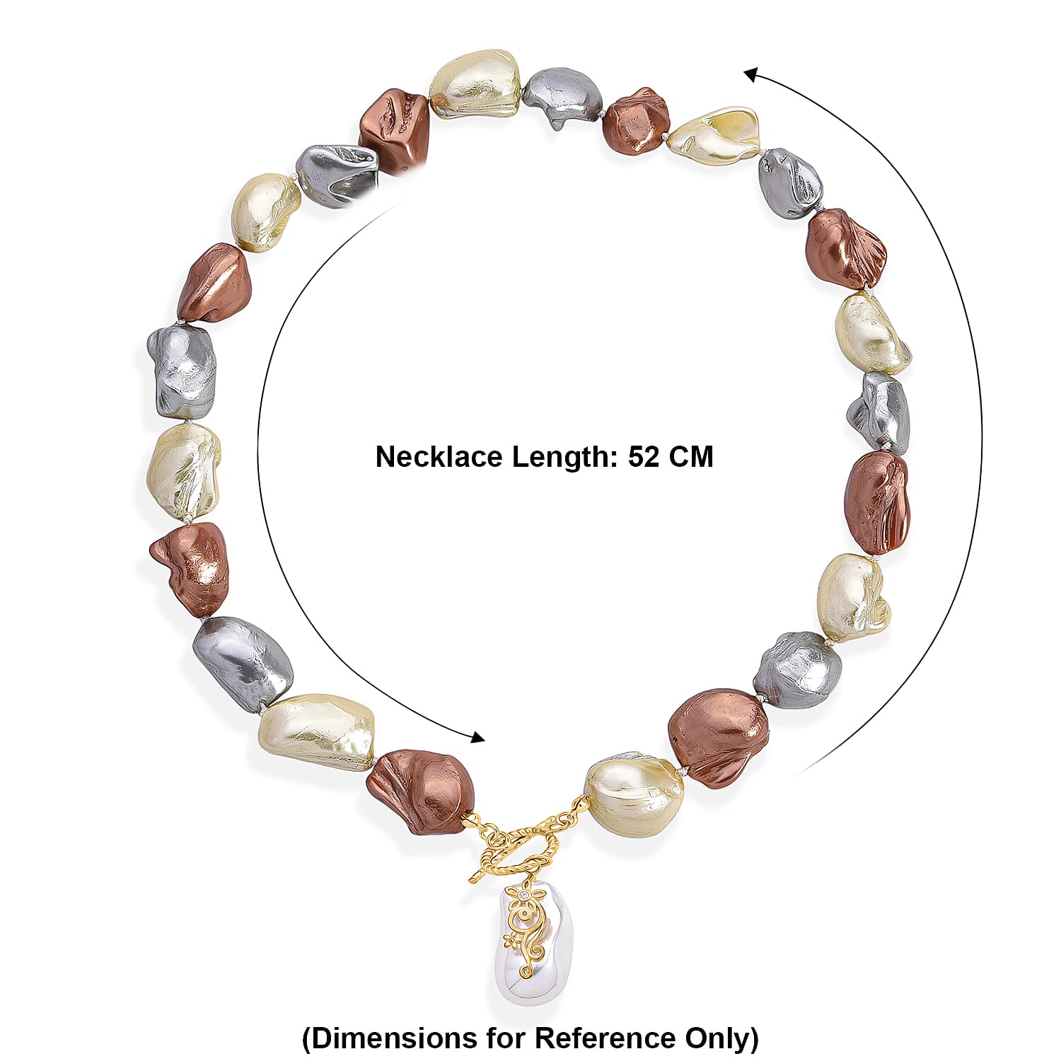 Multi Color Shell Pearl & White Crystal Necklace (Size - 20.5) with T-Bar Clasp in Yellow Gold Tone