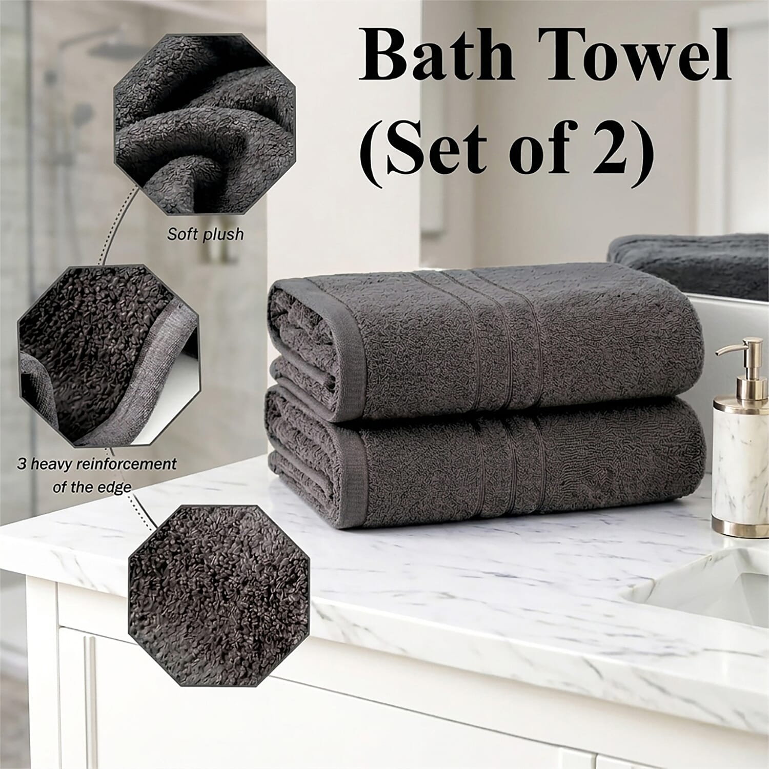 Livmore Set of 2 - Cotton Bath Sheets 550GSM (Size 88x172cm) - Charcoal Grey