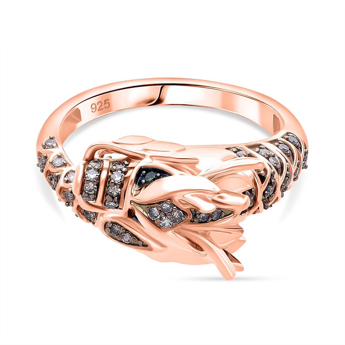 GP - Dragon Collection Natural Champagne Diamond (SI-CP), Kanchanaburi Blue Sapphire & Green Diamond Ring in 18K Vermeil Rose Gold Plated Sterling Silver 0.25 Ct, Silver Wt. 5.20 Gms.