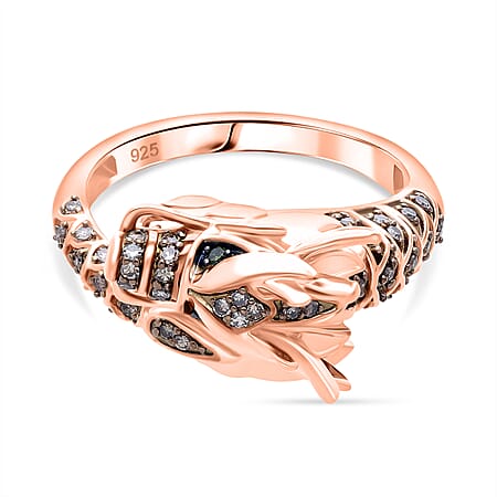 GP - Dragon Collection Natural Champagne Diamond (SI-CP), Kanchanaburi Blue Sapphire & Green Diamond Ring in 18K Vermeil Rose Gold Plated Sterling Silver 0.25 Ct, Silver Wt. 5.20 Gms.