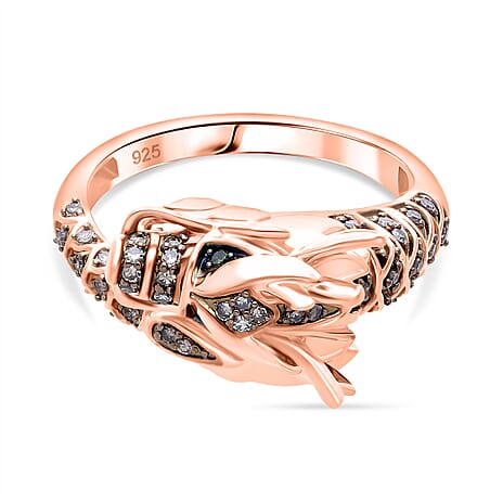 GP - Dragon Collection Natural Champagne Diamond (SI-CP), Kanchanaburi Blue Sapphire & Green Diamond Ring in 18K Vermeil Rose Gold Plated Sterling Silver 0.25 Ct, Silver Wt. 5.20 Gms.
