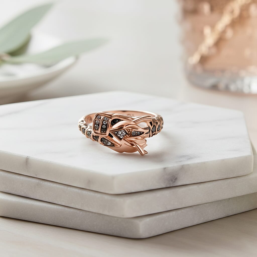 GP - Dragon Collection Natural Champagne Diamond (SI-CP), Kanchanaburi Blue Sapphire & Green Diamond Ring in 18K Vermeil Rose Gold Plated Sterling Silver 0.25 Ct, Silver Wt. 5.20 Gms.