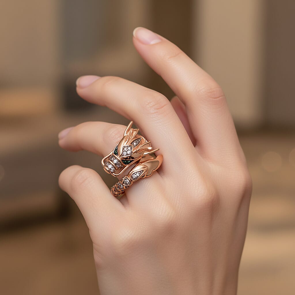 GP - Dragon Collection Natural Champagne Diamond (SI-CP), Kanchanaburi Blue Sapphire & Green Diamond Ring in 18K Vermeil Rose Gold Plated Sterling Silver 0.25 Ct, Silver Wt. 5.20 Gms.