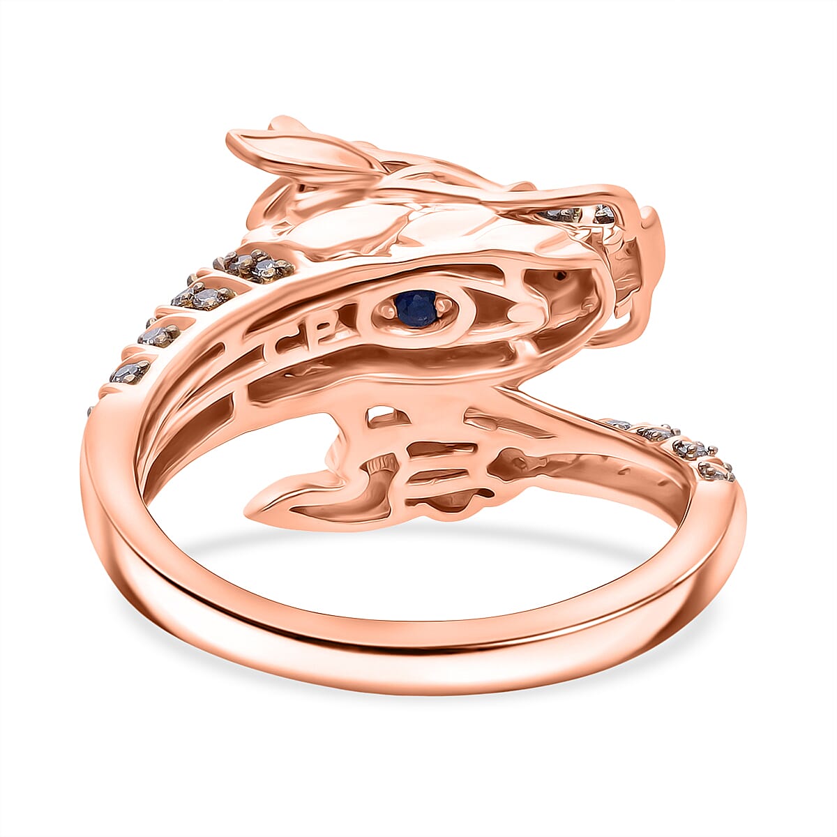 GP - Dragon Collection Natural Champagne Diamond (SI-CP), Kanchanaburi Blue Sapphire & Green Diamond Ring in 18K Vermeil Rose Gold Plated Sterling Silver 0.25 Ct, Silver Wt. 5.20 Gms.