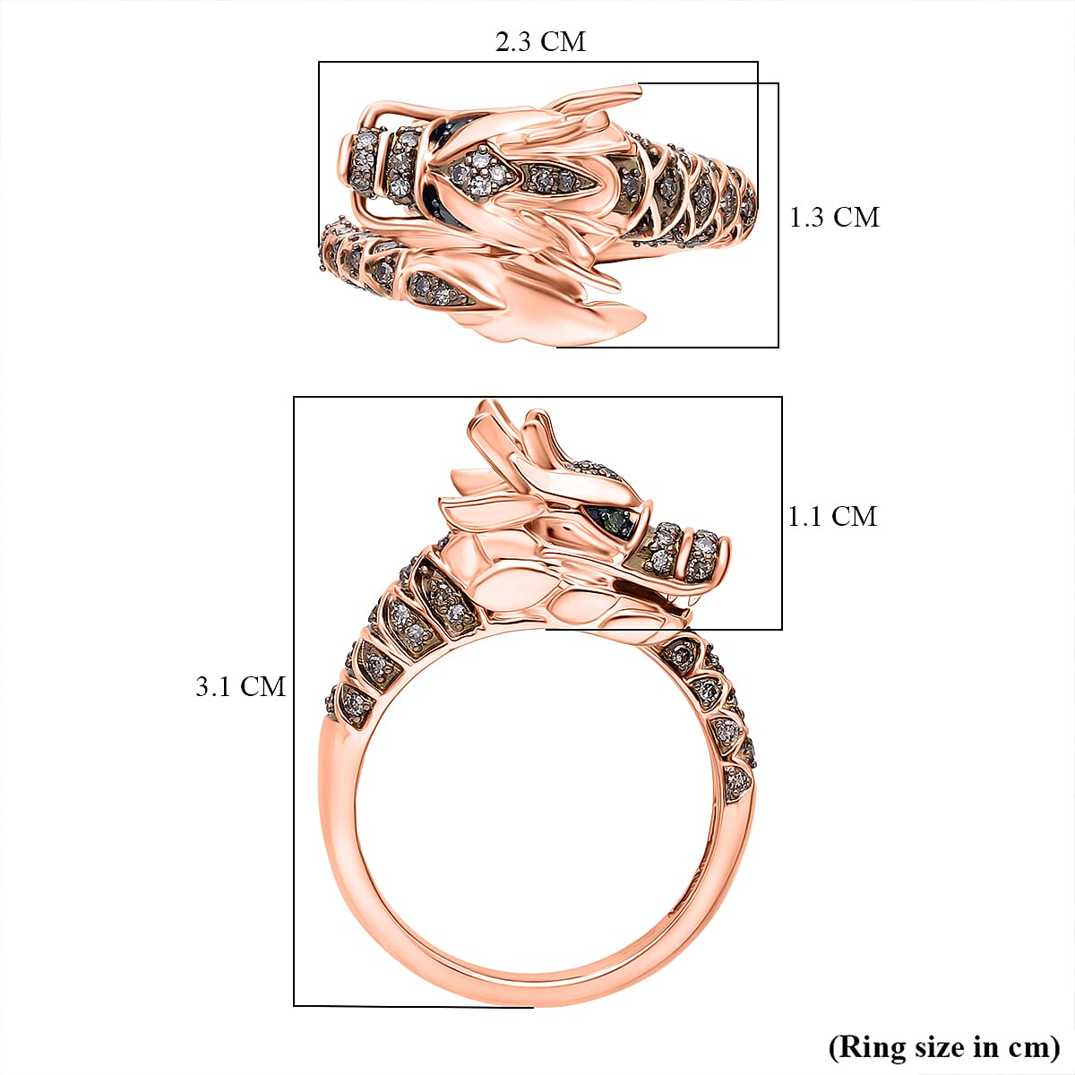 GP - Dragon Collection Natural Champagne Diamond (SI-CP), Kanchanaburi Blue Sapphire & Green Diamond Ring in 18K Vermeil Rose Gold Plated Sterling Silver 0.25 Ct, Silver Wt. 5.20 Gms.
