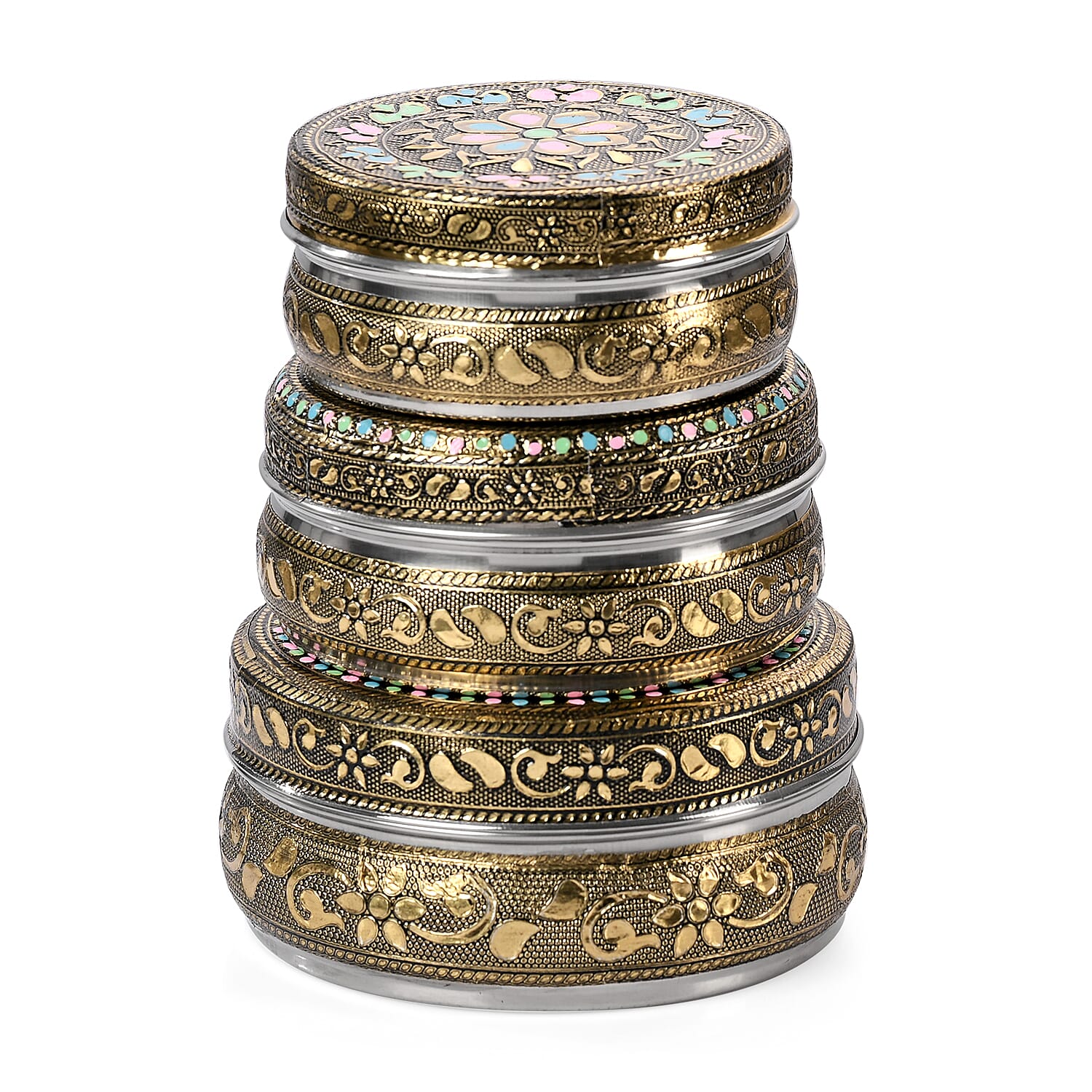 LIVMORE Set of 3- Handcrafted Floral Oxidised Collectable Tins (8cm to 11cm) - Gold & Silver.