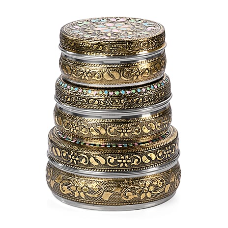 LIVMORE Set of 3- Handcrafted Floral Oxidised Collectable Tins (8cm to 11cm) - Gold & Silver.