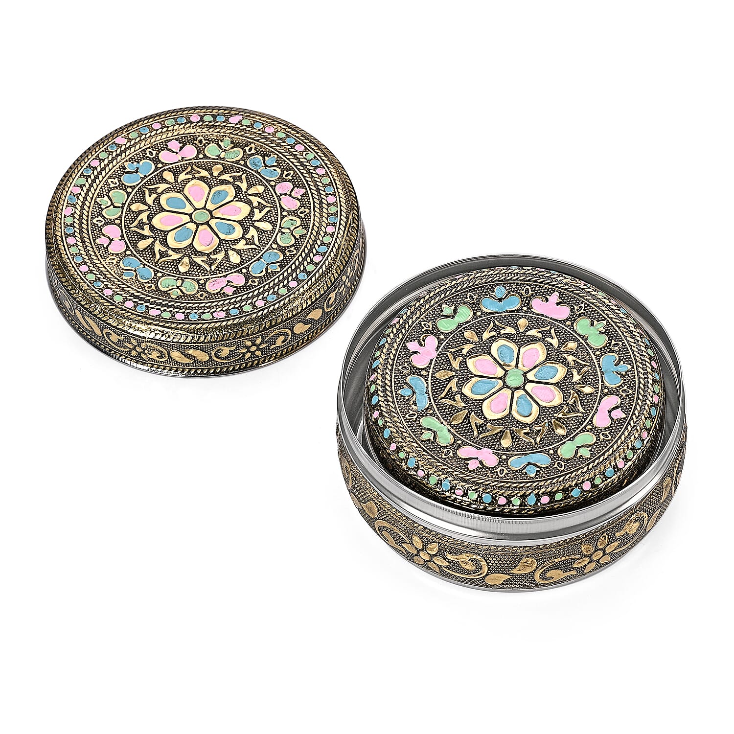 LIVMORE Set of 3- Handcrafted Floral Oxidised Collectable Tins (8cm to 11cm) - Gold & Silver.