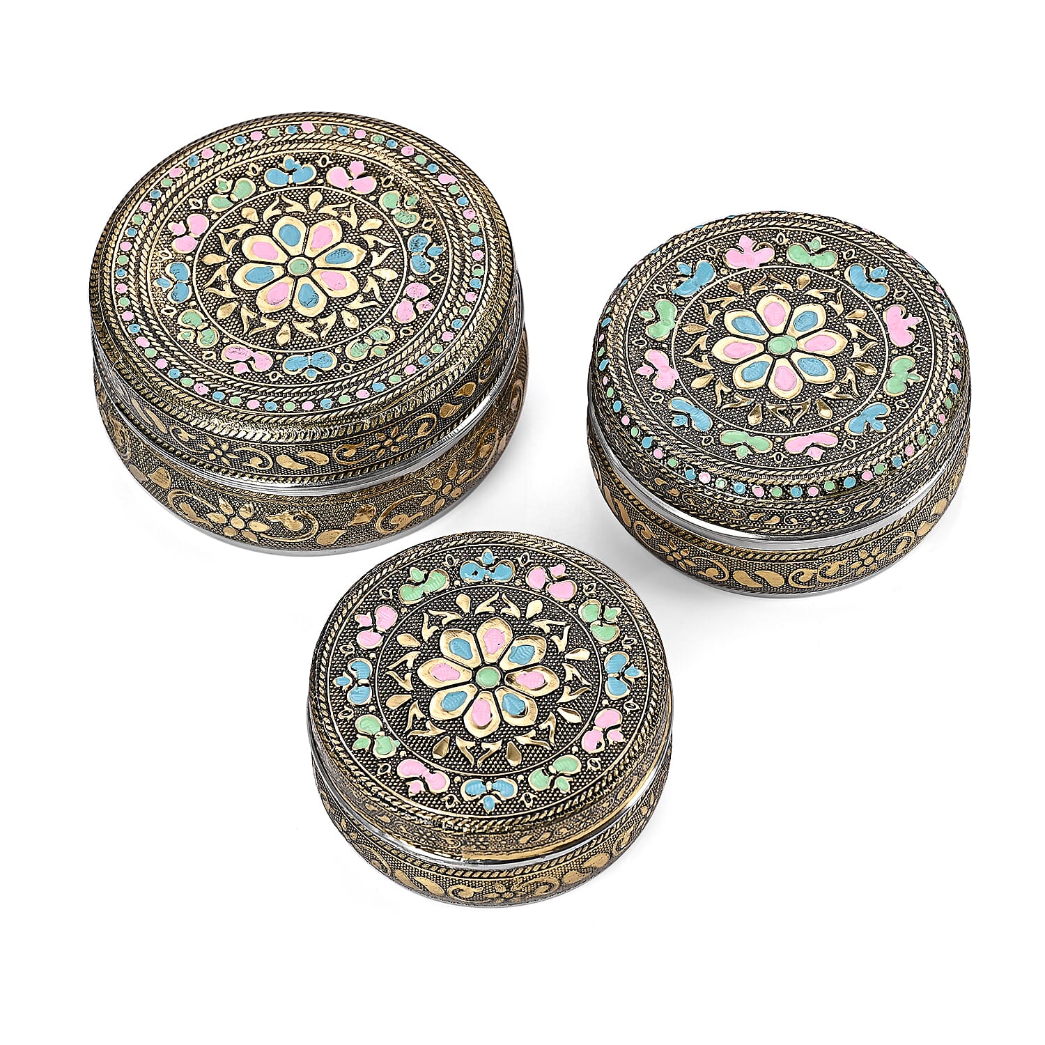 LIVMORE Set of 3- Handcrafted Floral Oxidised Collectable Tins (8cm to 11cm) - Gold & Silver.