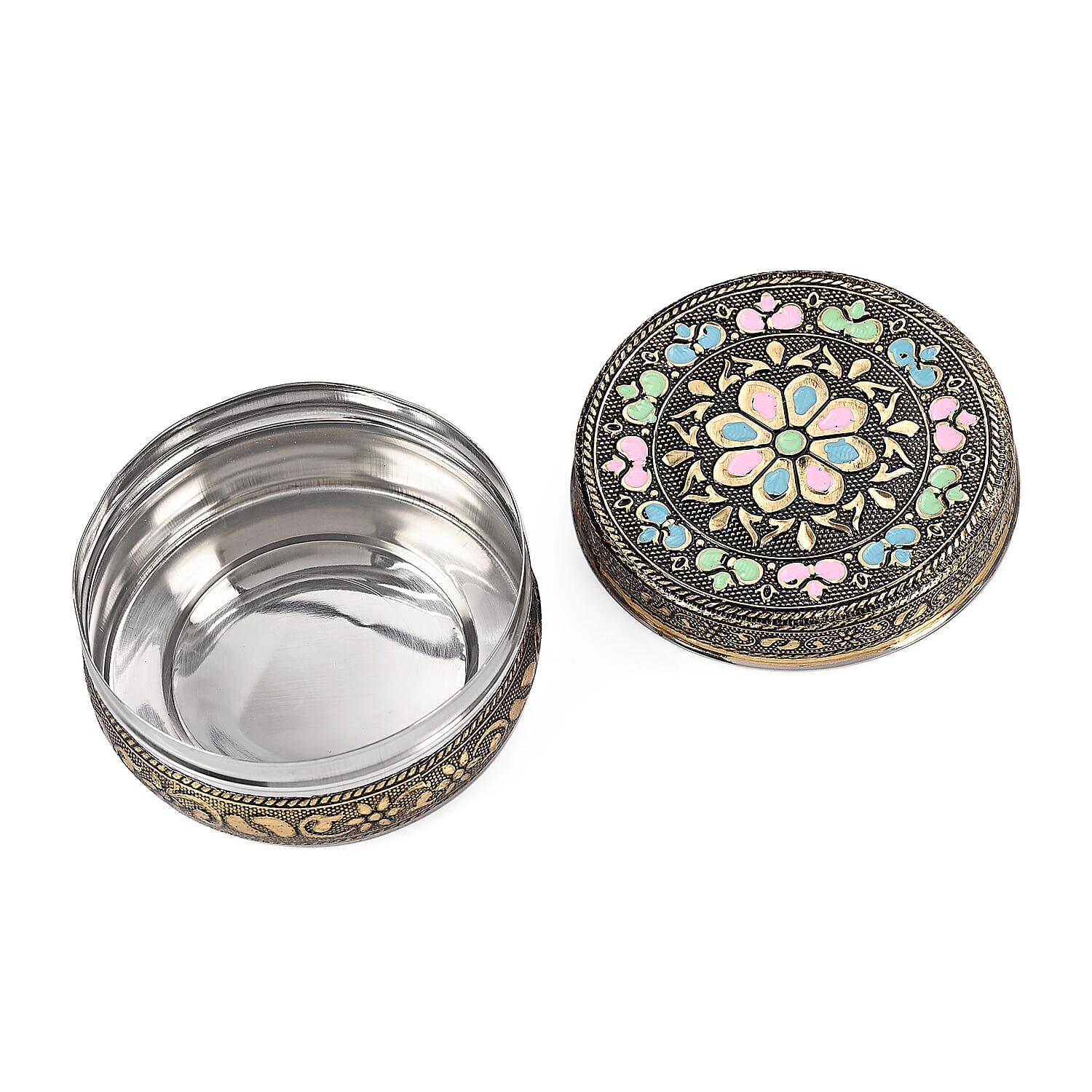 LIVMORE Set of 3- Handcrafted Floral Oxidised Collectable Tins (8cm to 11cm) - Gold & Silver.