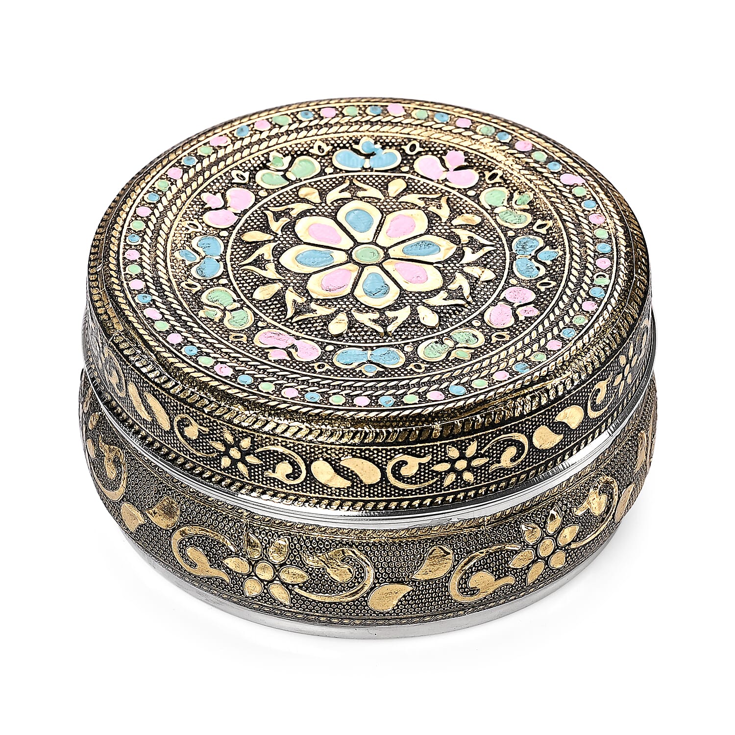 LIVMORE Set of 3- Handcrafted Floral Oxidised Collectable Tins (8cm to 11cm) - Gold & Silver.