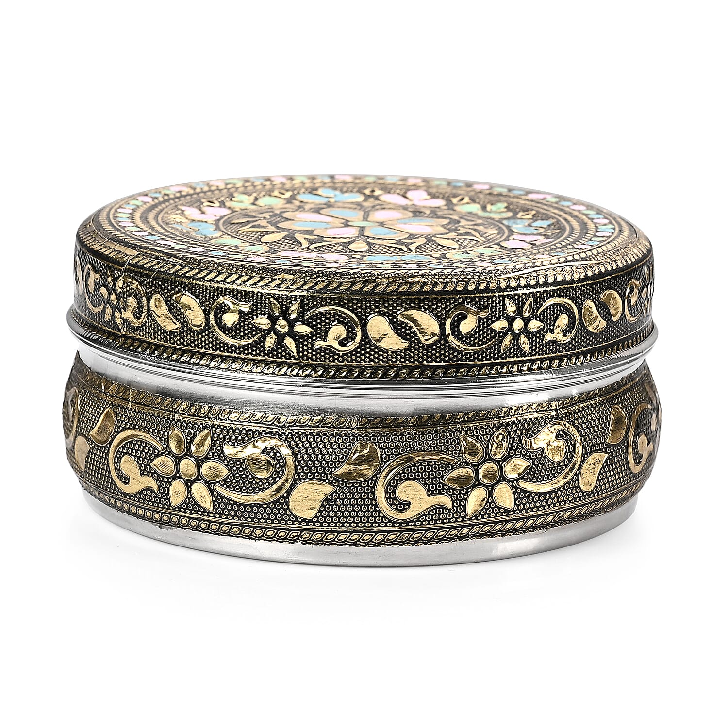 LIVMORE Set of 3- Handcrafted Floral Oxidised Collectable Tins (8cm to 11cm) - Gold & Silver.