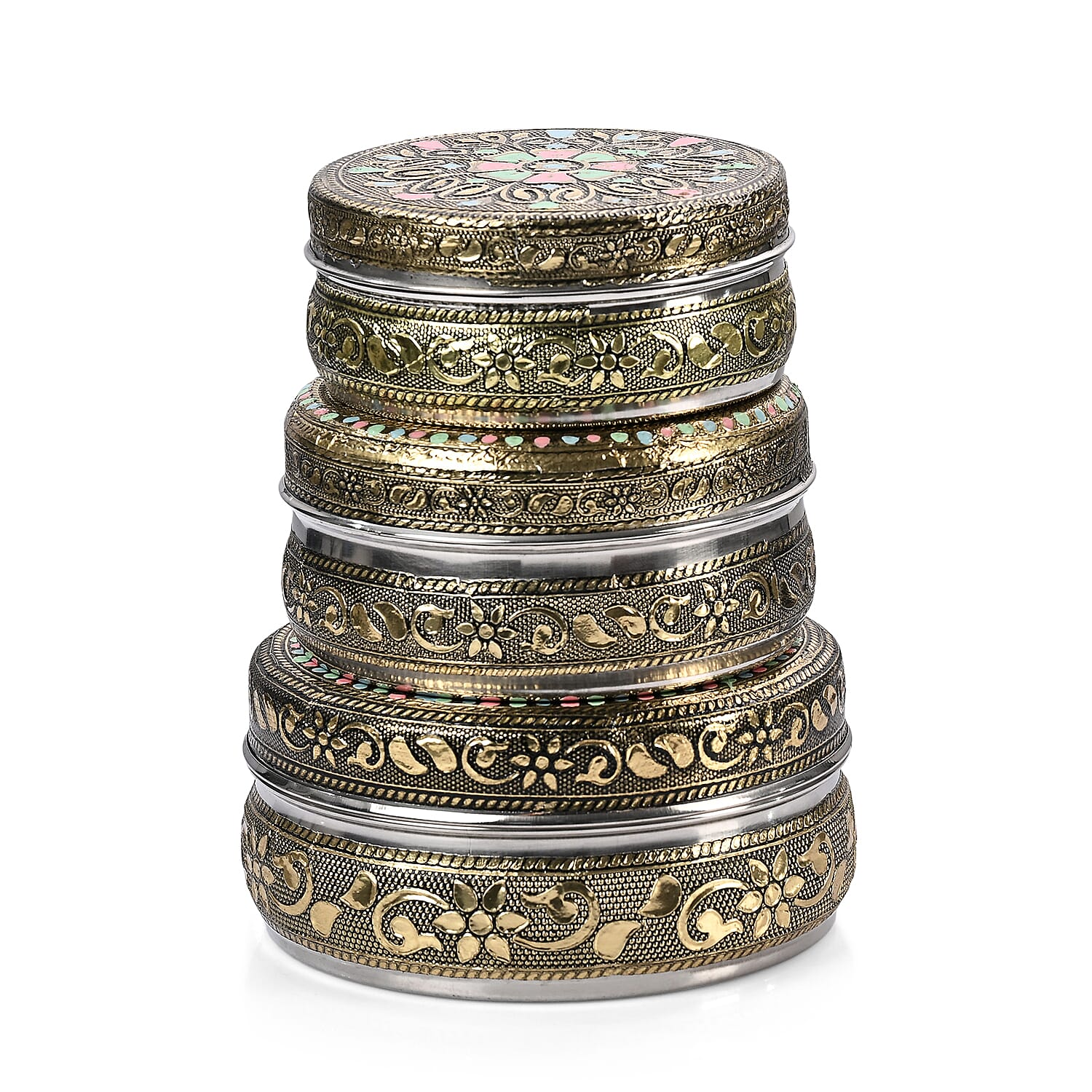 LIVMORE Set of 3- Handcrafted Mandala Oxidised Collectable Tins (8cm to 11cm) - Gold & Silver.