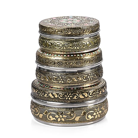 LIVMORE Set of 3- Handcrafted Mandala Oxidised Collectable Tins (8cm to 11cm) - Gold & Silver.