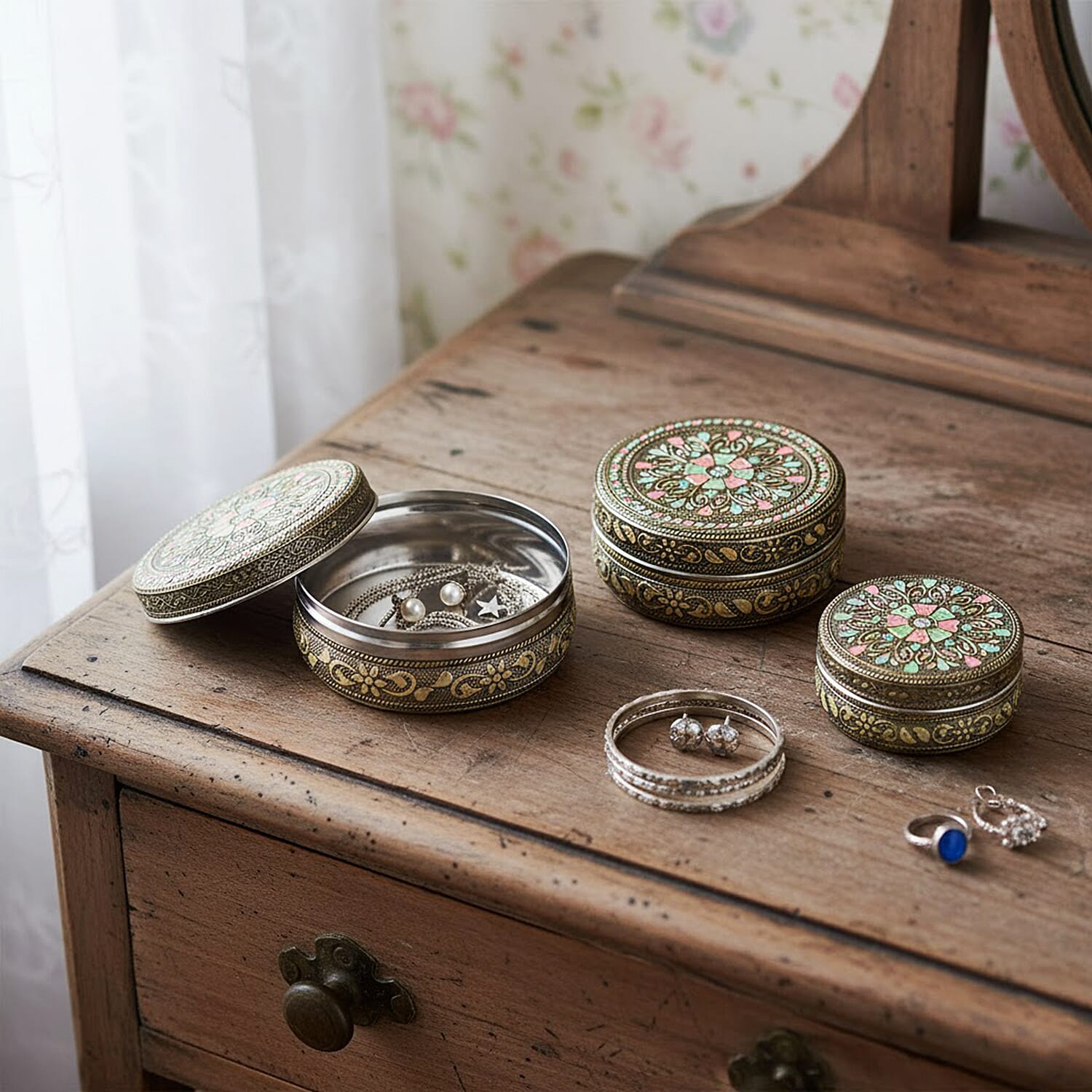 LIVMORE Set of 3- Handcrafted Mandala Oxidised Collectable Tins (8cm to 11cm) - Gold & Silver.
