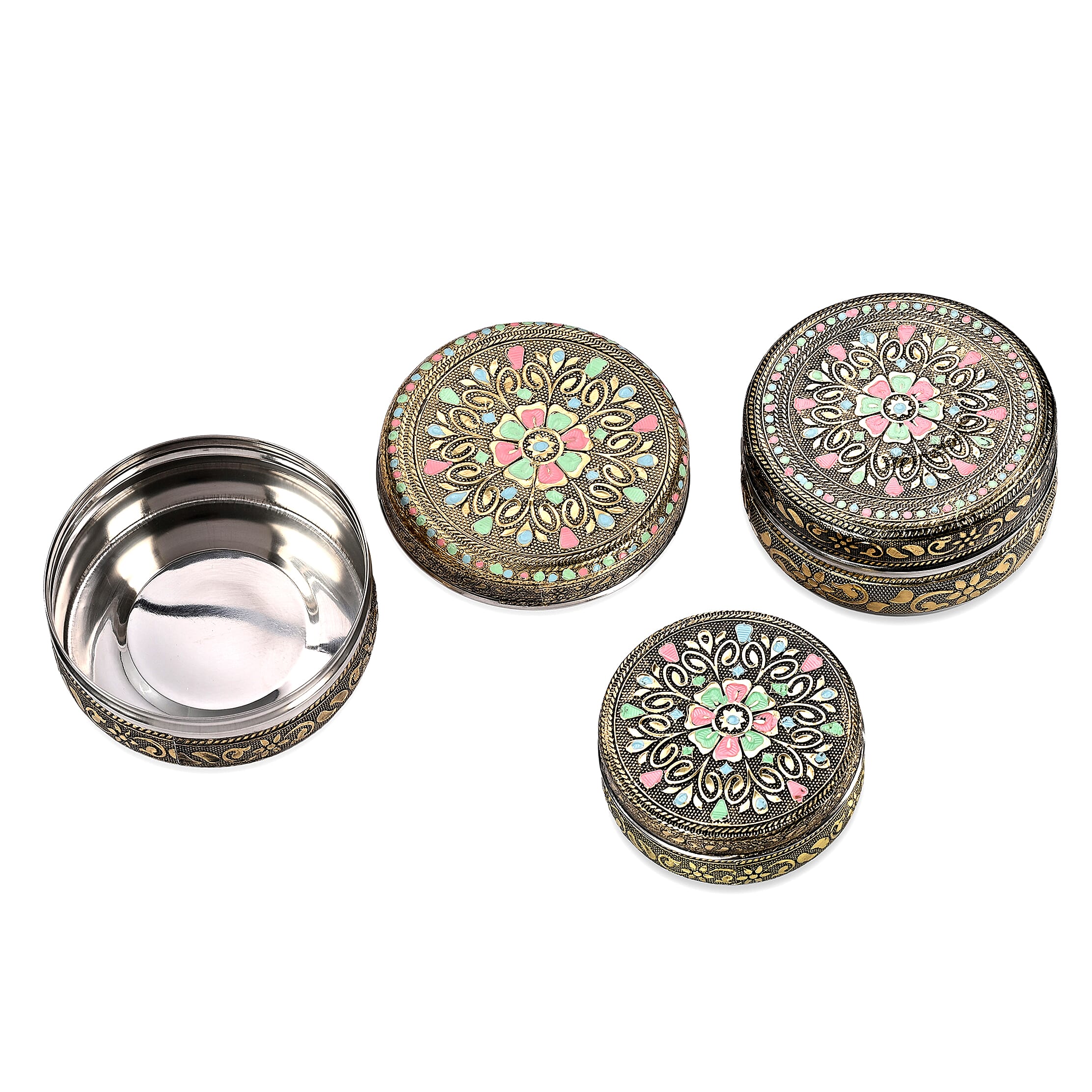 LIVMORE Set of 3- Handcrafted Mandala Oxidised Collectable Tins (8cm to 11cm) - Gold & Silver.