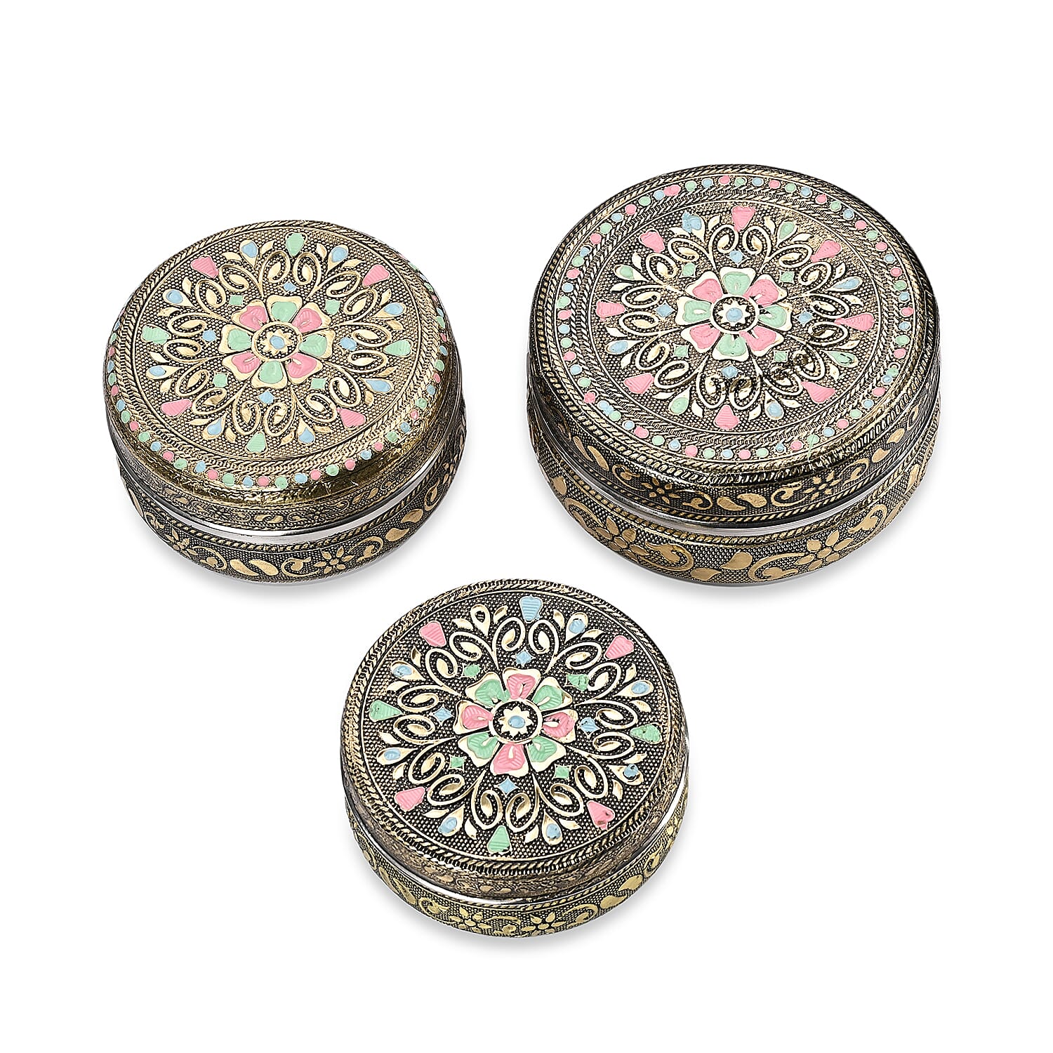 LIVMORE Set of 3- Handcrafted Mandala Oxidised Collectable Tins (8cm to 11cm) - Gold & Silver.