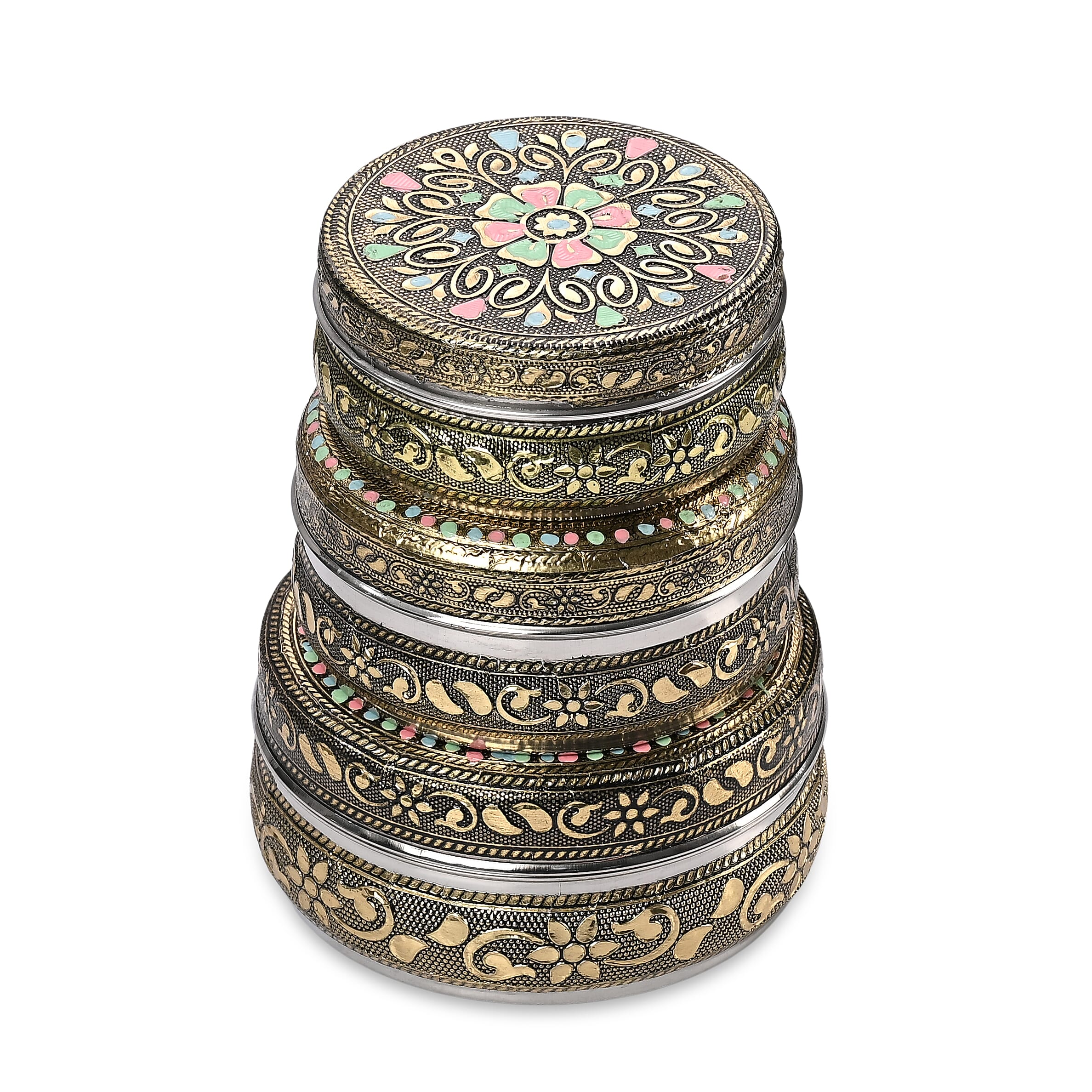 LIVMORE Set of 3- Handcrafted Mandala Oxidised Collectable Tins (8cm to 11cm) - Gold & Silver.