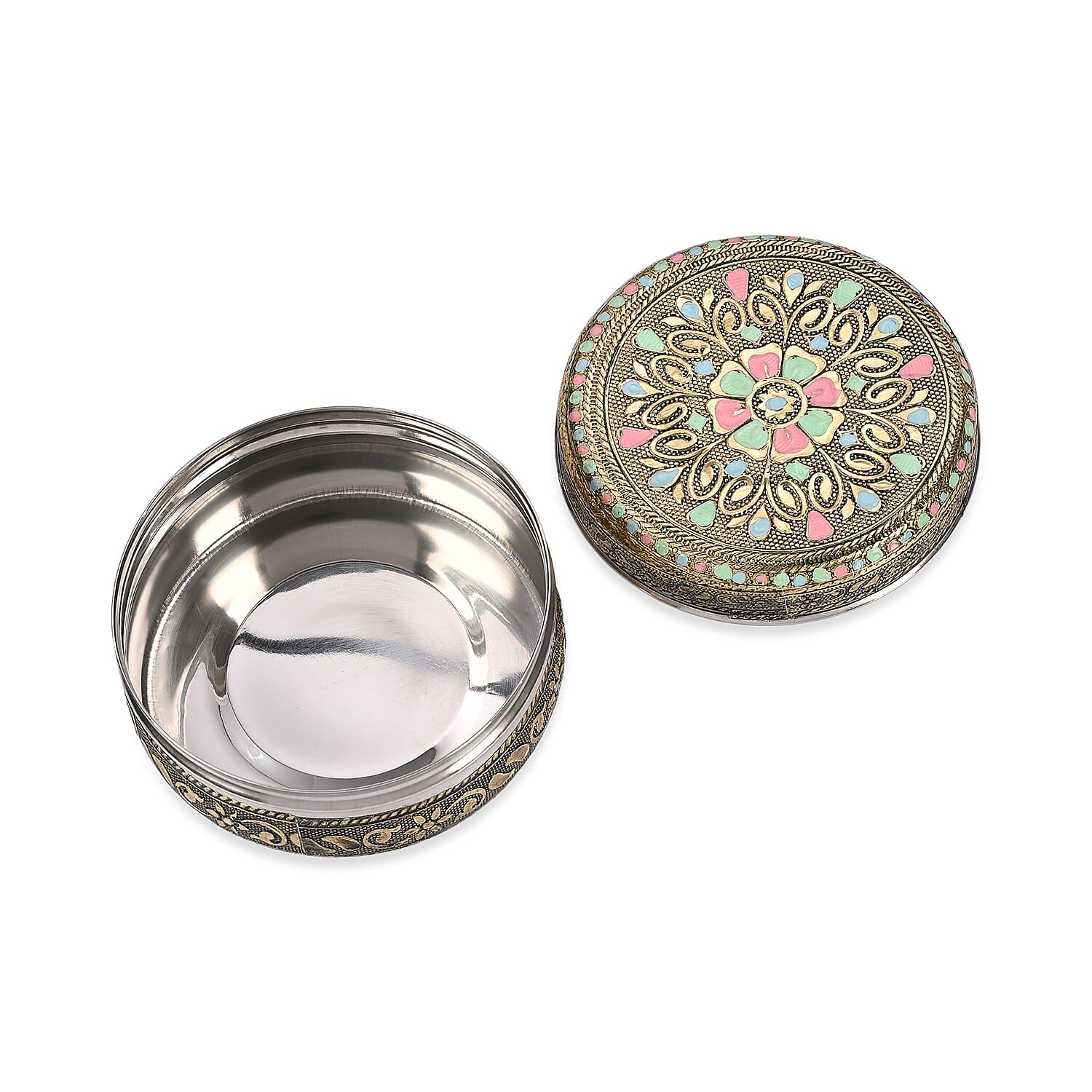 LIVMORE Set of 3- Handcrafted Mandala Oxidised Collectable Tins (8cm to 11cm) - Gold & Silver.