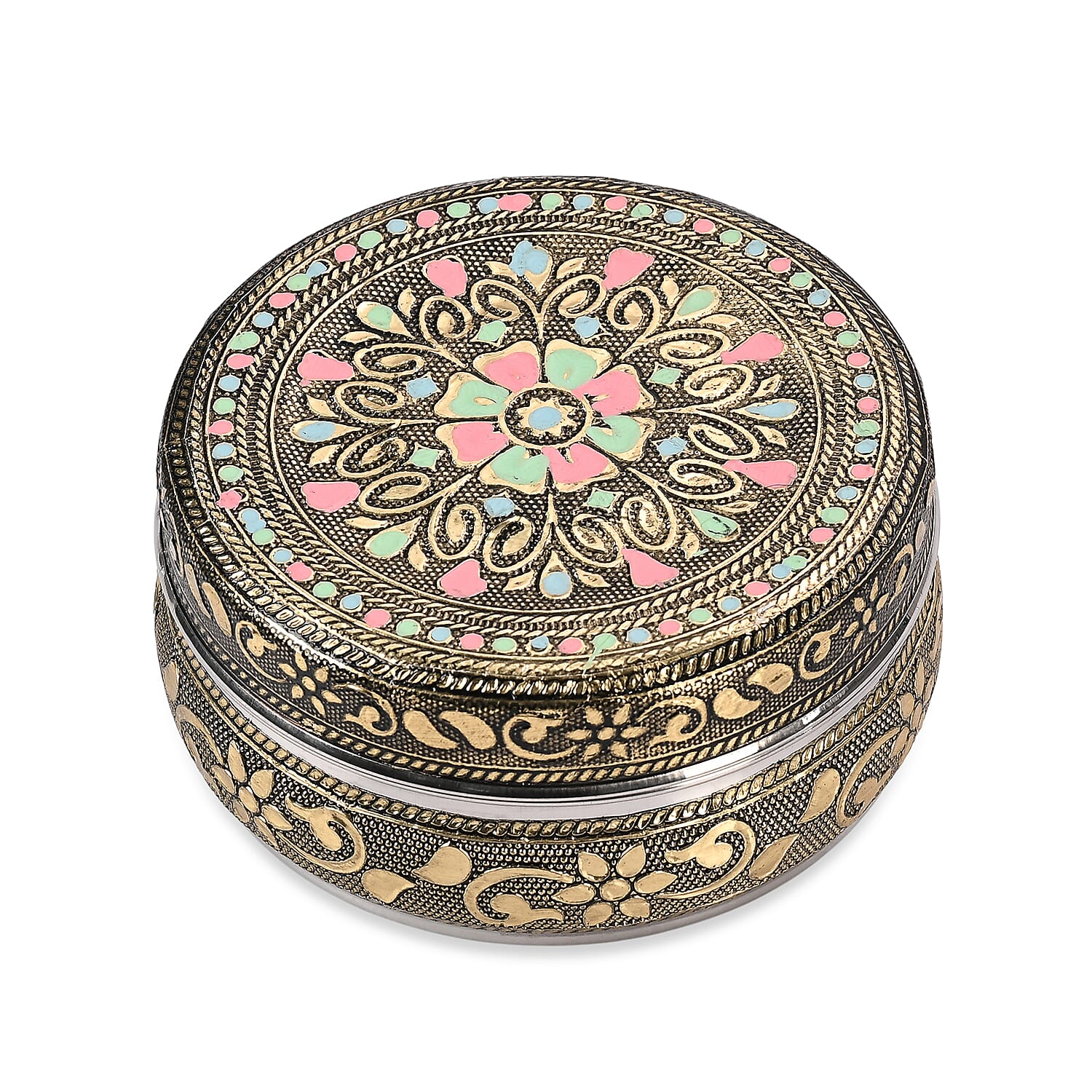 LIVMORE Set of 3- Handcrafted Mandala Oxidised Collectable Tins (8cm to 11cm) - Gold & Silver.
