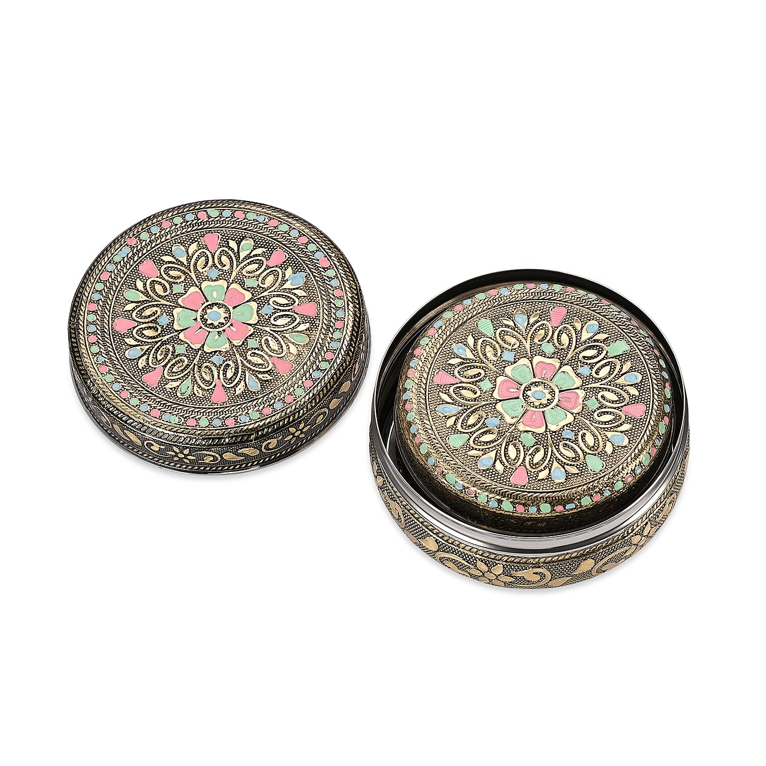 LIVMORE Set of 3- Handcrafted Mandala Oxidised Collectable Tins (8cm to 11cm) - Gold & Silver.