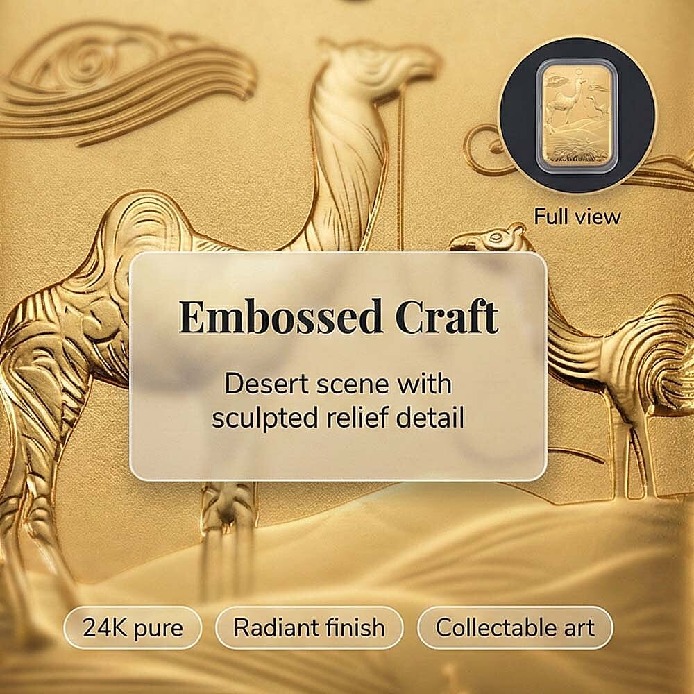24K Yellow Gold Embossed Camels in Desert Foil (26 x 40.10 MM)