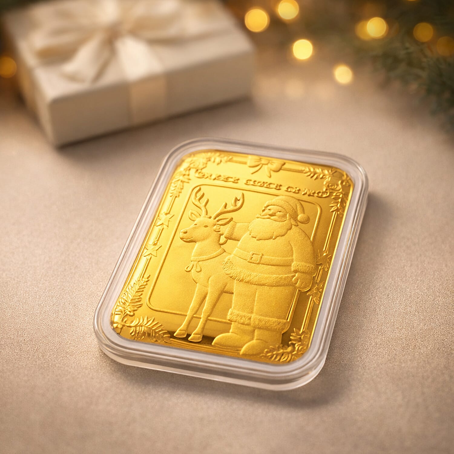 24K Yellow Gold Santa & Reindeer Embossed Foil Collectable (39.65 x 25.60 MM)