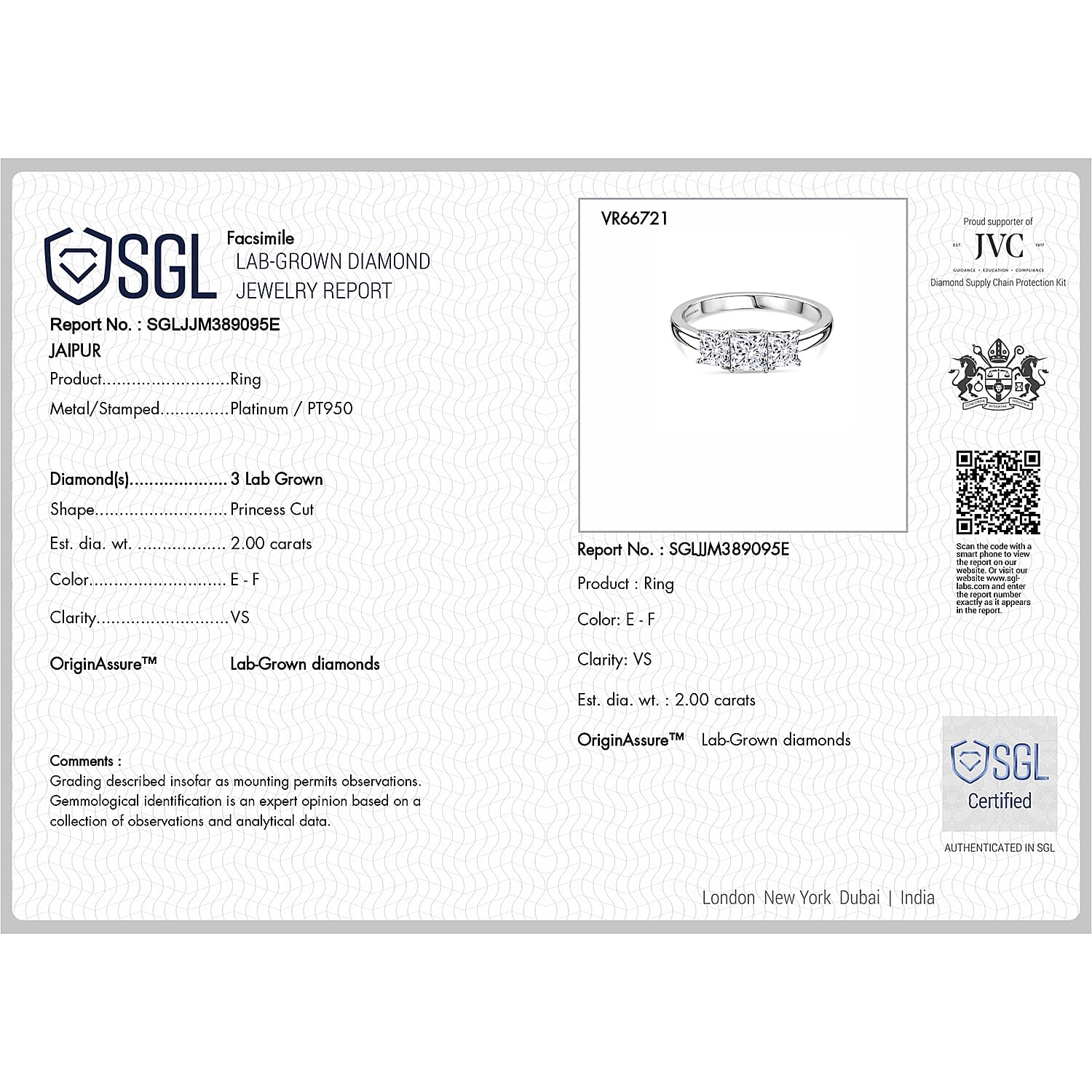 First Time Ever - Luxuriant 950 Platinum SGL Certified Lab Grown Diamond (VS-EF) Ring 2.07 Ct.