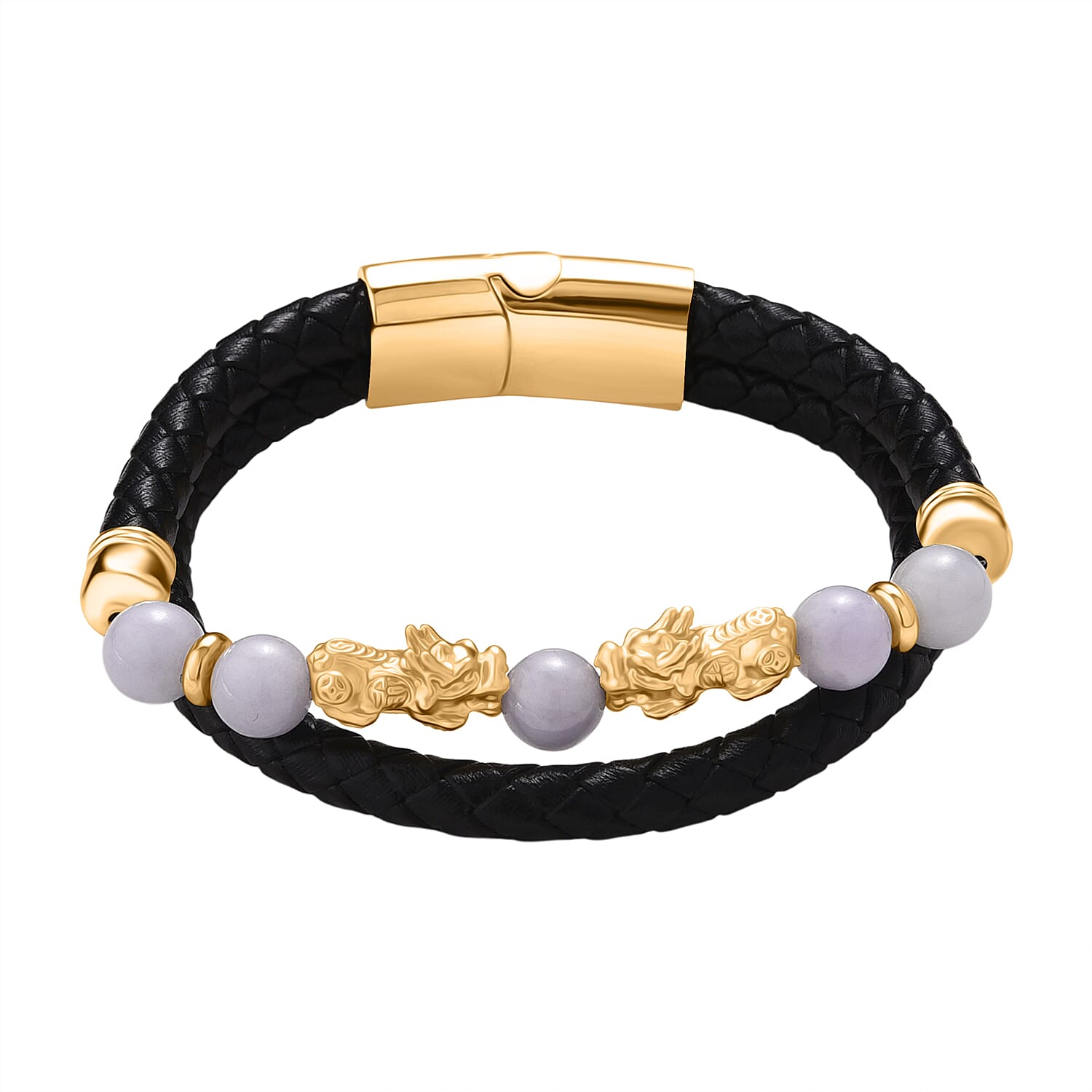 Natural White Jade Beads & Pixiu Charms Bracelet (Size 7.5) in Yellow Gold Plated 50.00 Ct.