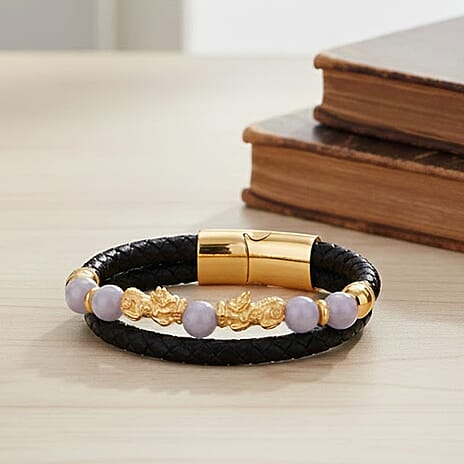 Natural White Jade Beads & Pixiu Charms Bracelet (Size 7.5) in Yellow Gold Plated 50.00 Ct.