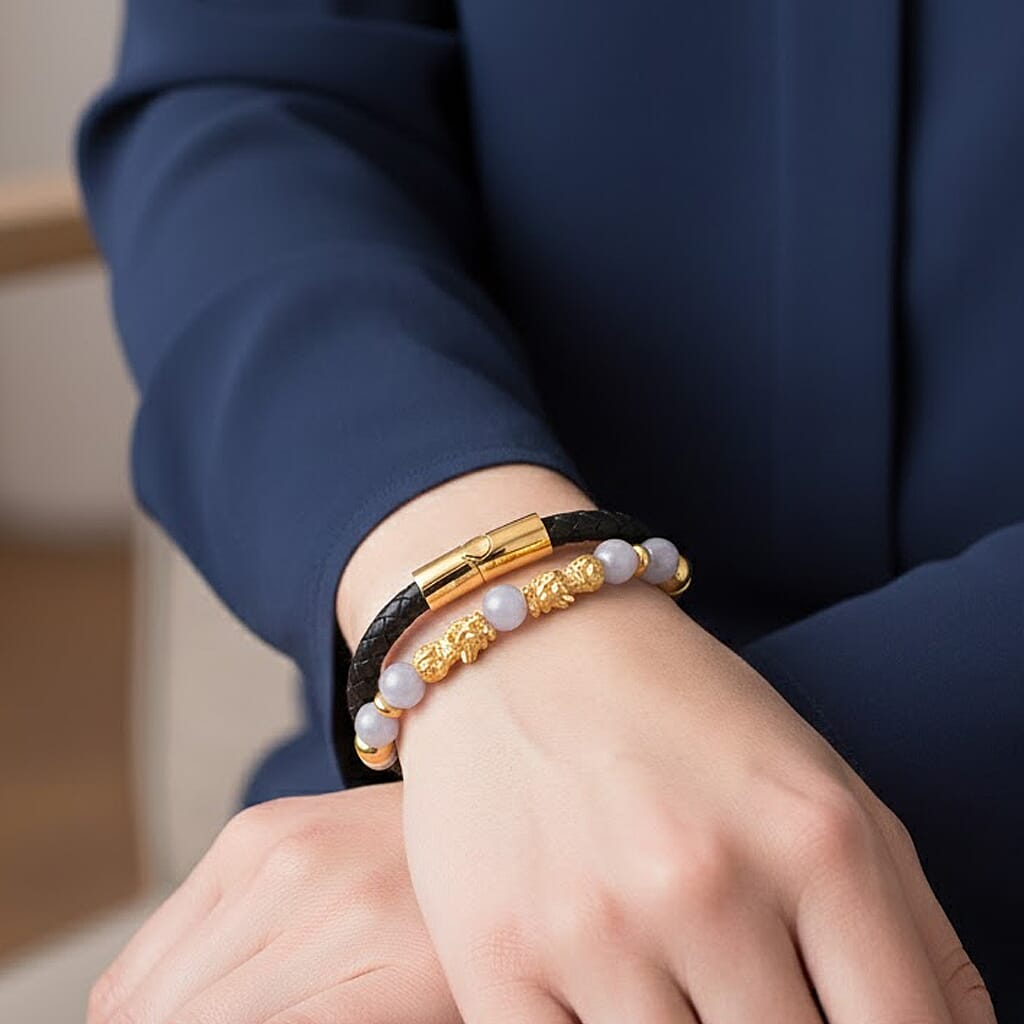 Natural White Jade Beads & Pixiu Charms Bracelet (Size 7.5) in Yellow Gold Plated 50.00 Ct.