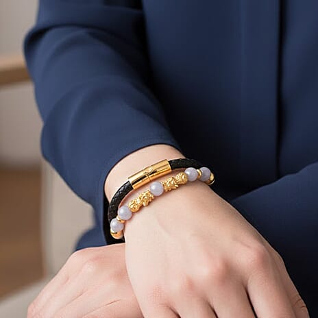 Natural White Jade Beads & Pixiu Charms Bracelet (Size 7.5) in Yellow Gold Plated 50.00 Ct.