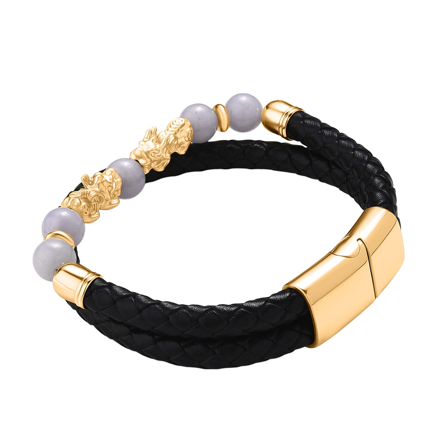 Natural White Jade Beads & Pixiu Charms Bracelet (Size 7.5) in Yellow Gold Plated 50.00 Ct.