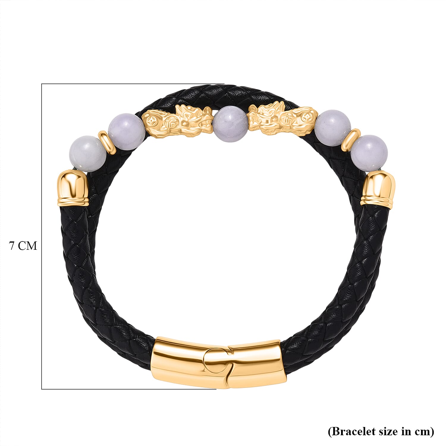 Natural White Jade Beads & Pixiu Charms Bracelet (Size 8) in Yellow Gold Plated 50.00 Ct.