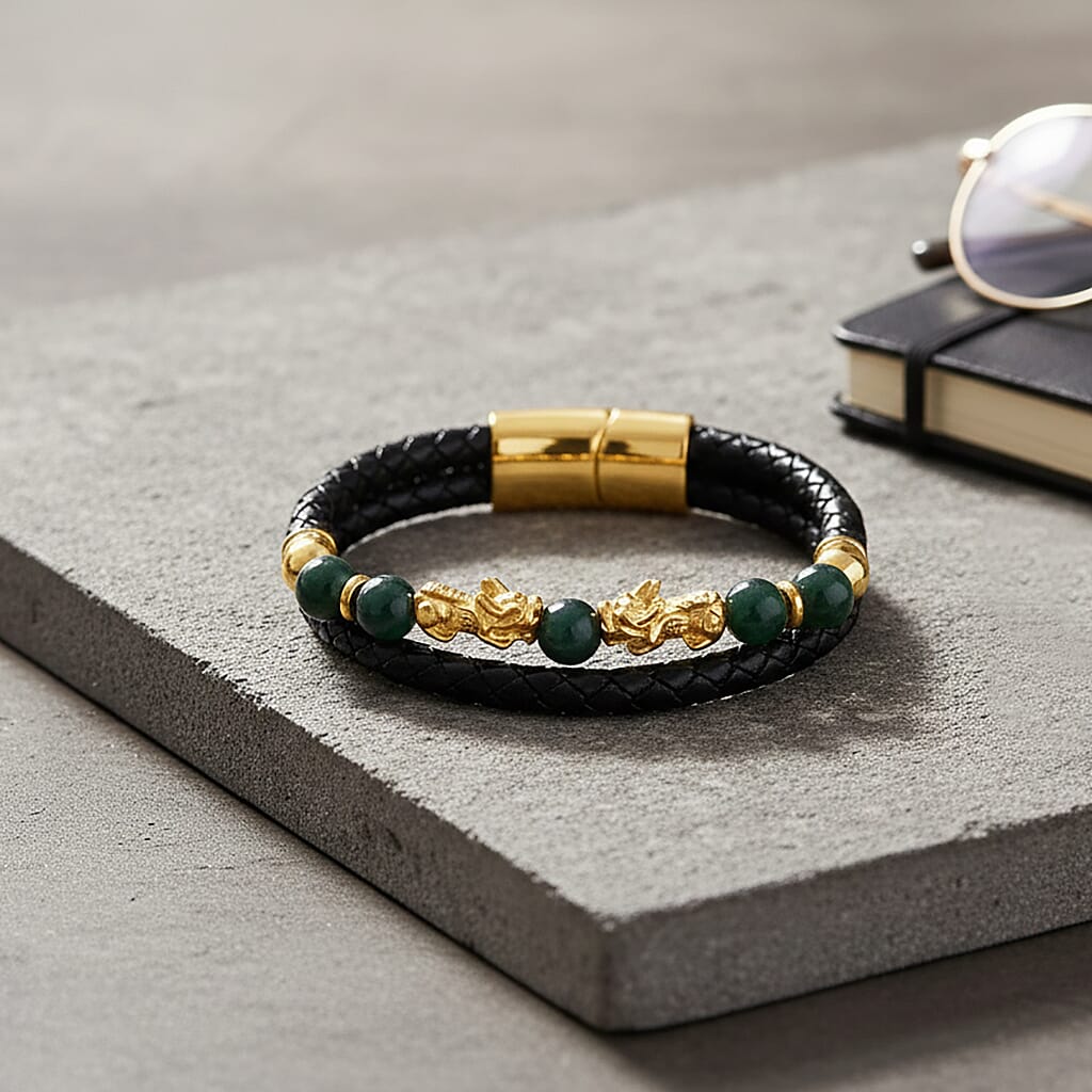 Olmec Jade Beads & Pixiu Charms Bracelet (Size 7.5) in Yellow Gold Plated 50.00 Ct.