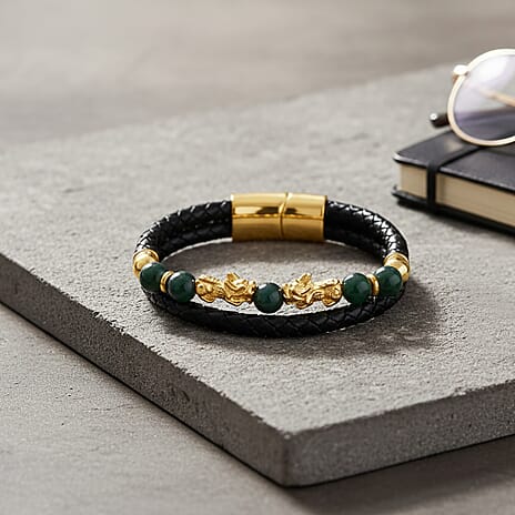 Olmec Jade Beads & Pixiu Charms Bracelet (Size 7.5) in Yellow Gold Plated 50.00 Ct.