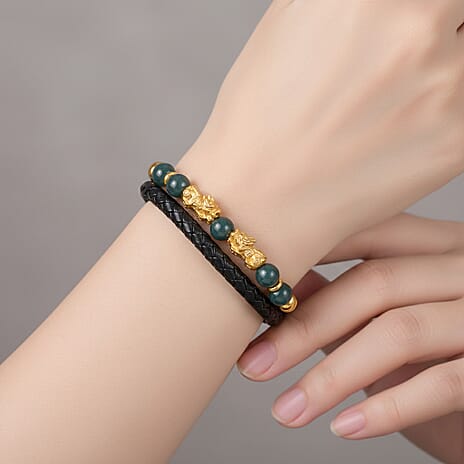 Jade Beads & Pixiu Charms Bracelet (Size 7.5) in Yellow Gold Plated 50.00 Ct.
